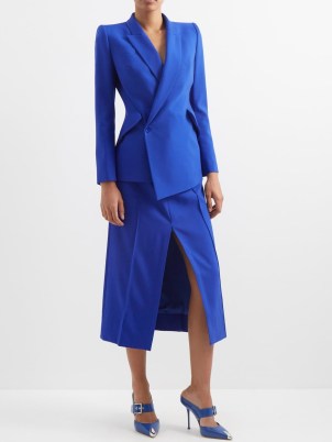 ALEXANDER MCQUEEN Oblique wool-crepe suit jacket ~ women’s chic blue contemporary jackets ~ womens asymmetric designer clothes ~ MATCHESFASHION - flipped