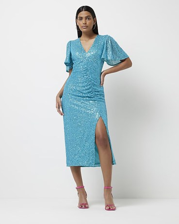 RIVER ISLAND BLUE SEQUIN RUCHED BODYCON MIDI DRESS ~ shimmering angel sleeve dresses ~ womens sequinned split hem party fashion - flipped