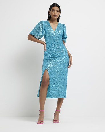 RIVER ISLAND BLUE SEQUIN RUCHED BODYCON MIDI DRESS ~ shimmering angel sleeve dresses ~ womens sequinned split hem party fashion