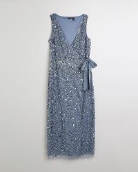 RIVER ISLAND BLUE SEQUIN WRAP MIDI DRESS | sleeveless sequinned party dresses | women’s glittering occasion fashion | side tie detail