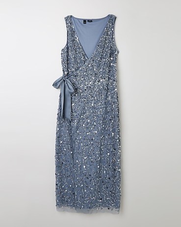 RIVER ISLAND BLUE SEQUIN WRAP MIDI DRESS | sleeveless sequinned party dresses | women’s glittering occasion fashion | side tie detail - flipped