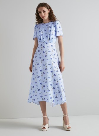 L.K. BENNETT Boyd Blue Cornflower Print Silk Midi Dress / short sleeved floral print vintage inspired dresses / women’s luxury summer fashion - flipped