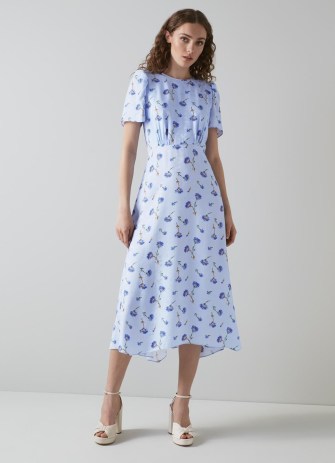 L.K. BENNETT Boyd Blue Cornflower Print Silk Midi Dress / short sleeved floral print vintage inspired dresses / women’s luxury summer fashion