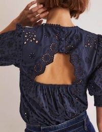 Boden Broderie Cut-Out Detail Top Navy – women’s dark blue floral embroidered tops – womens cut out back summer blouse – cotton puff sleeve blouses