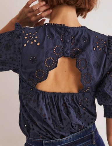 Boden Broderie Cut-Out Detail Top Navy – women’s dark blue floral embroidered tops – womens cut out back summer blouse – cotton puff sleeve blouses