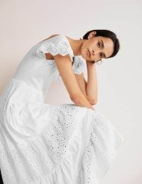Boden Broderie Mix Jersey Maxi Dress White – tiered floral embroidered dresses – women’s summer cotton fashion – feminine holiday clothes – embroidered eyelet detail