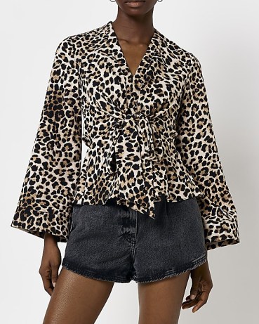 RIVER ISLAND BROWN ANIMAL PRINT TIE FRONT TOP / leopard prints on womens fashion / glamorous satin fabric tops - flipped