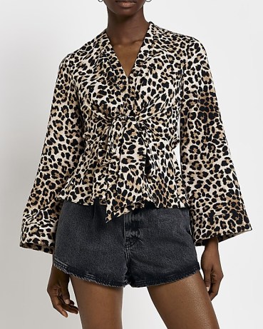 RIVER ISLAND BROWN ANIMAL PRINT TIE FRONT TOP / leopard prints on womens fashion / glamorous satin fabric tops