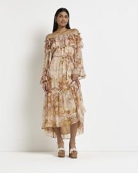 RIVER ISLAND BROWN FLORAL BARDOT MAXI DRESS / floaty vintage style summer dresses / tiered hem fashion / 70s style off the shoulder frill detail dress / tie waist / flowing boho clothes / feminine bohemian clothing