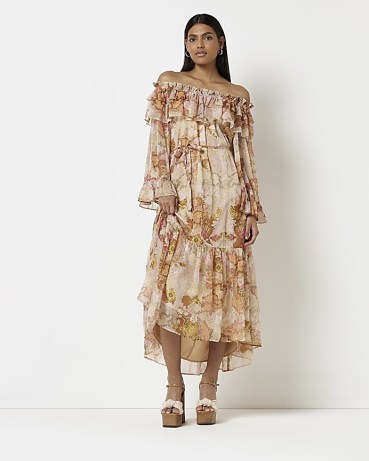 RIVER ISLAND BROWN FLORAL BARDOT MAXI DRESS / floaty vintage style summer dresses / tiered hem fashion / 70s style off the shoulder frill detail dress / tie waist / flowing boho clothes / feminine bohemian clothing - flipped