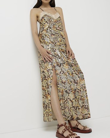 RIVER ISLAND BROWN PRINT MAXI SKIRT ~ printed metallic thread split hem skirts ~ womens boho style fashion - flipped