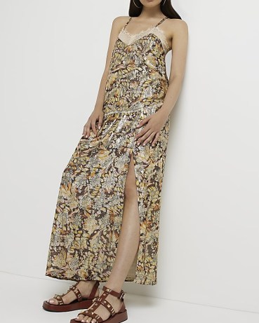 RIVER ISLAND BROWN PRINT MAXI SKIRT ~ printed metallic thread split hem skirts ~ womens boho style fashion