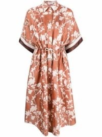 Brunello Cucinelli floral-print shirt dress / orange and white collared printed silk dresses / curved hem / drawstring waist / women’s designer fashion at FARFETCH