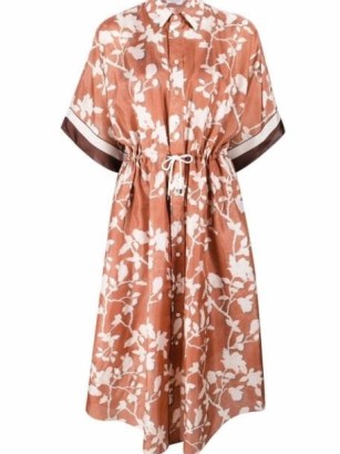Brunello Cucinelli floral-print shirt dress / orange and white collared printed silk dresses / curved hem / drawstring waist / women’s designer fashion at FARFETCH - flipped