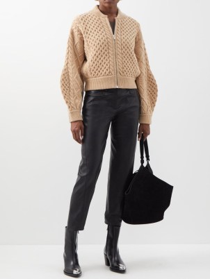 STELLA MCCARTNEY Cable-knit wool zipped cardigan ~ women’s camel front zip up cardigans ~ womens designer knitwear ~ MATCHESFASHION ~ voluminous drop shoulder sleeves