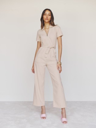 Reformation Cassidy Denim Jumpsuit in Almond | short sleeve belted ankle length jumpsuits | tie waist belt | casual all-in-one fashion | stylish no fuss clothes