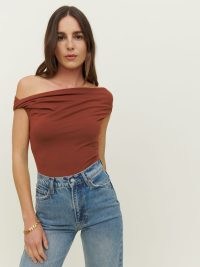 Reformation Cello Knit Top in Chestnut ~ chic brown asymmetric off the shoulder tops