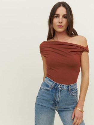 Reformation Cello Knit Top in Chestnut ~ chic brown asymmetric off the shoulder tops - flipped