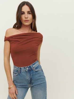 Reformation Cello Knit Top in Chestnut ~ chic brown asymmetric off the shoulder tops