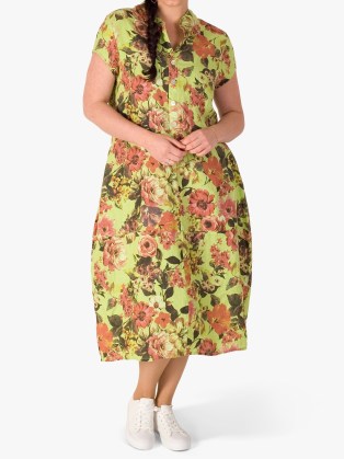 John Lewis chesca Linen Floral Cocoon Midi Dress, Lime – gently drapes – floral flourish – framed with a smart collar and short sleeves - flipped