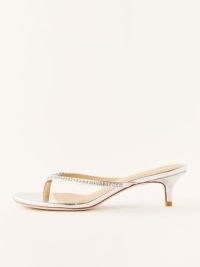Reformation Cleo Rhinestone Thong in Silver – luxe thonged kitten heels – embellished sandals – summer party sandals