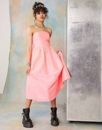 COLLUSION Bandeau flutted midi dress in pink ~ strapless prom dresses ~ asos womens party fashion