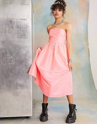 COLLUSION Bandeau flutted midi dress in pink ~ strapless prom dresses ~ asos womens party fashion - flipped