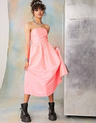 COLLUSION Bandeau flutted midi dress in pink ~ strapless prom dresses ~ asos womens party fashion