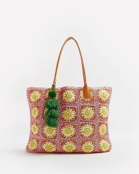 RIVER ISLAND CORAL CROCHET SHOPPER BAG – retro style tote – vintage inspired summer bags – holiday beach accessories