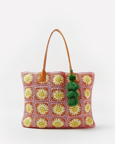 RIVER ISLAND CORAL CROCHET SHOPPER BAG – retro style tote – vintage inspired summer bags – holiday beach accessories - flipped