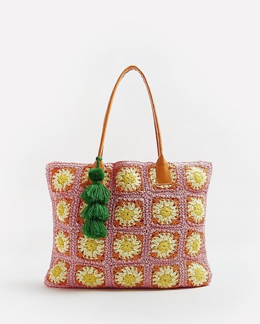 RIVER ISLAND CORAL CROCHET SHOPPER BAG – retro style tote – vintage inspired summer bags – holiday beach accessories