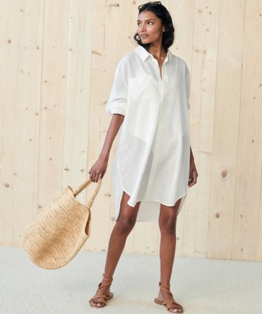 JENNI KAYNE Beach Shirt in Ivory ~ chic vacation cover up ~ women’s oversized curved dip hem shirts ~ womens beachwear and pool cover ups ~ essential holiday poolside clothes - flipped