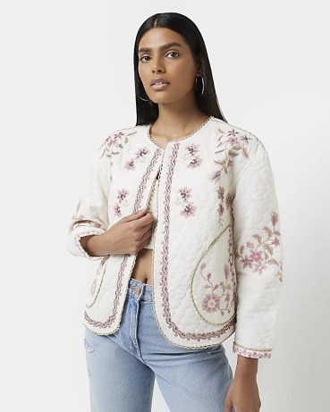 RIVER ISLAND CREAM FLORAL EMBROIDERED JACKET / womens quilted jackets - flipped
