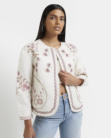 RIVER ISLAND CREAM FLORAL EMBROIDERED JACKET / womens quilted jackets