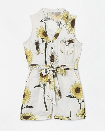 RIVER ISLAND CREAM FLORAL UTILITY PLAYSUIT / sleeveless tie waist playsuits / utilitarian inspired fashion / collared with front button fastening - flipped