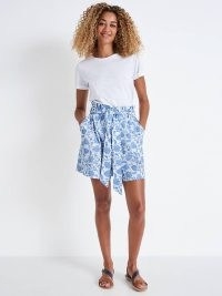 John Lewis Crew Clothing Cotton Floral Pull On Beach Shorts, Royal Blue – high-waisted shorts – casual cut