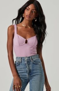 ASTR THE LABEL CUPPED GINGHAM PRINT BODYSUIT in PINK PURPLE | fitted check print bust cup bodysuits