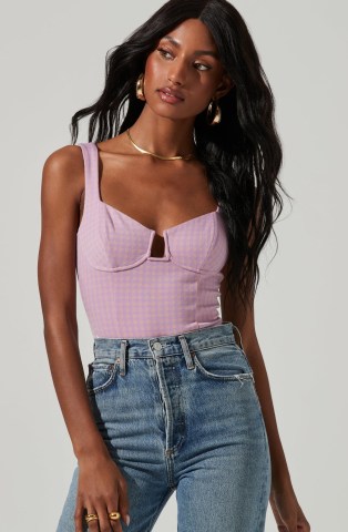ASTR THE LABEL CUPPED GINGHAM PRINT BODYSUIT in PINK PURPLE | fitted check print bust cup bodysuits