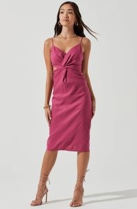 ASTR THE LABEL DIDION TWIST FRONT SIDE CUTOUT MIDI DRESS DARK MAUVE | slender spaghetti shoulder strap evening dresses | cut out party fashion | sleeveless with skinny straps