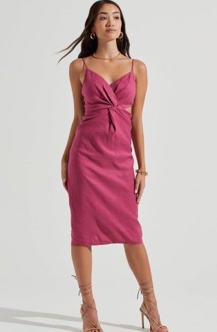 ASTR THE LABEL DIDION TWIST FRONT SIDE CUTOUT MIDI DRESS DARK MAUVE | slender spaghetti shoulder strap evening dresses | cut out party fashion | sleeveless with skinny straps - flipped