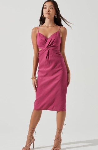 ASTR THE LABEL DIDION TWIST FRONT SIDE CUTOUT MIDI DRESS DARK MAUVE | slender spaghetti shoulder strap evening dresses | cut out party fashion | sleeveless with skinny straps