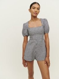 Reformation Dionne Linen Romper / women’s checked fitted bodice rompers / check print playsuits