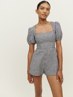 Reformation Dionne Linen Romper / women’s checked fitted bodice rompers / check print playsuits