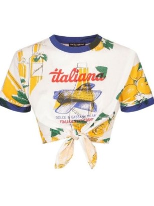 Dolce & Gabbana cropped graphic-print T-shirt – womens printed designer slogan t-shirt – women’s cropped front knot t-shirts – farfetch – crop hem tops – cotton summer fashion