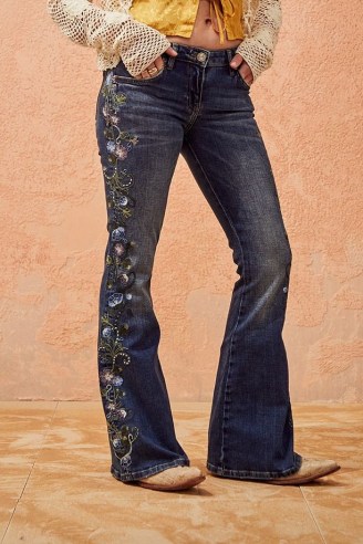 BDG Flower Embroidered Low-Rise Flare Jeans | floral flares | women’s casual blue denim fashion | URBAN OUTFITTERS womens clothes - flipped