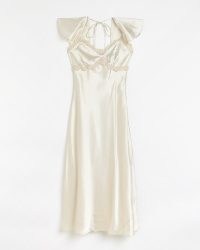 RIVER ISLAND ECRU SATIN LACE SLIP MIDI DRESS | luxe style evening fashion | vintage inspired flutter sleeve occasion dresses | strappy open back detail