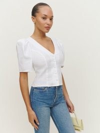 Reformation Miriam Linen Top White / feminine puff sleeved V-neck tops / tie back detail summer blouse / short puffled sleeves