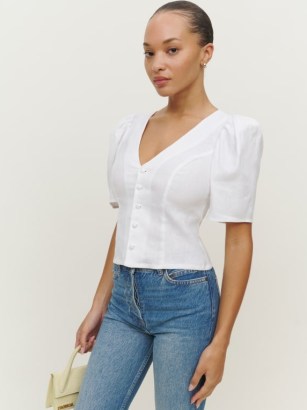 Reformation Miriam Linen Top White / feminine puff sleeved V-neck tops / tie back detail summer blouse / short puffled sleeves - flipped