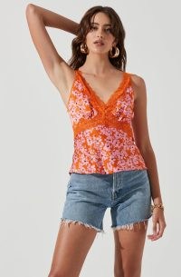 ASTR THE LABEL ELISE FLORAL LACE TRIMMED SLEEVELESS TOP in ORANGE PINK | vintage style cami tops | retro inspired camisoles