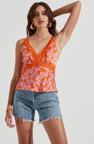 ASTR THE LABEL ELISE FLORAL LACE TRIMMED SLEEVELESS TOP in ORANGE PINK | vintage style cami tops | retro inspired camisoles - flipped